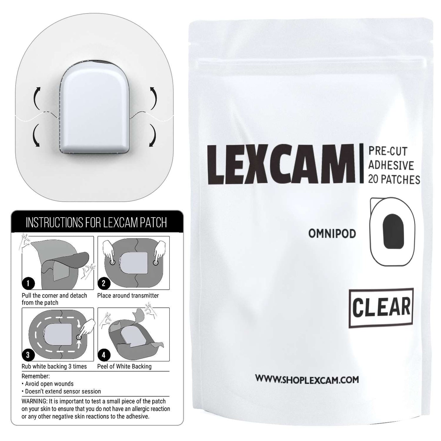 Lexcam Adhesive Patches Pre-Cut for Omnipod, Color Clear, (20)