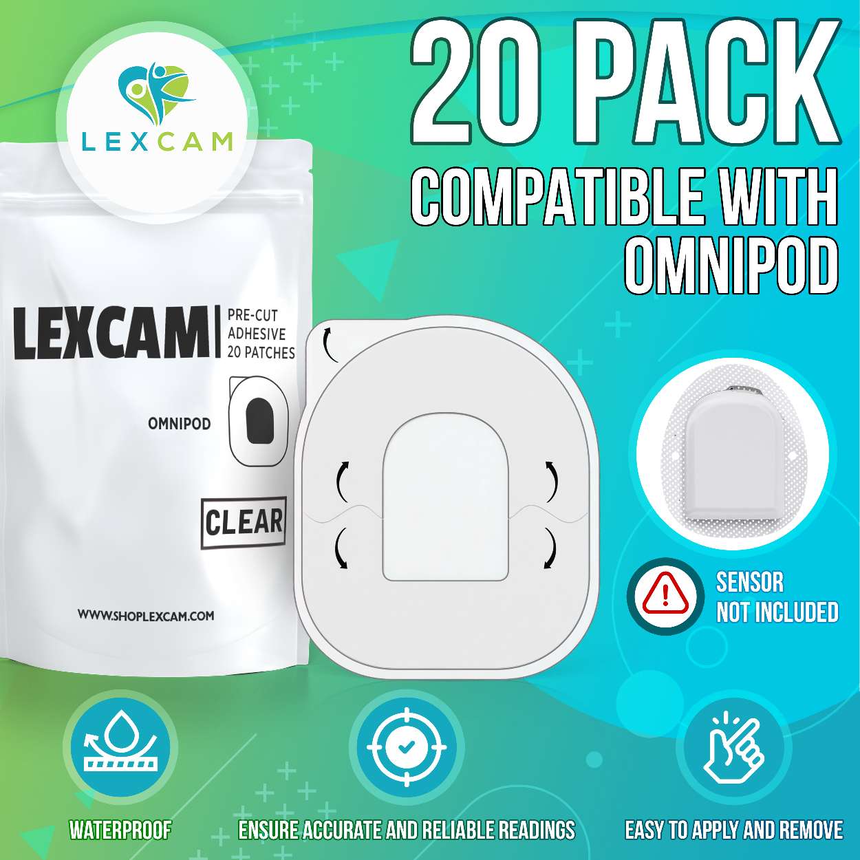 Lexcam Adhesive Patches Pre-Cut for Omnipod, Color Clear, (20)