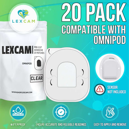 Lexcam Adhesive Patches Pre-Cut for Omnipod, Color Clear, (20)