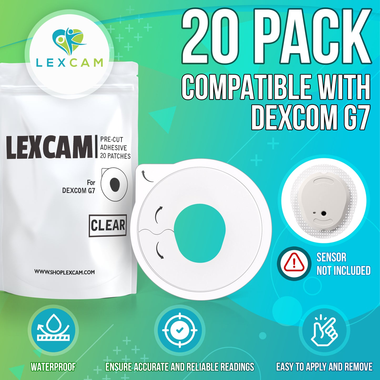 Lexcam Adhesive Patches Pre-Cut for Dexcom G7, Stelo (20).