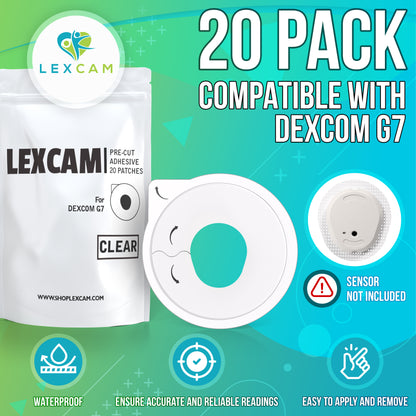 Lexcam Adhesive Patches Pre-Cut for Dexcom G7, Stelo (20).