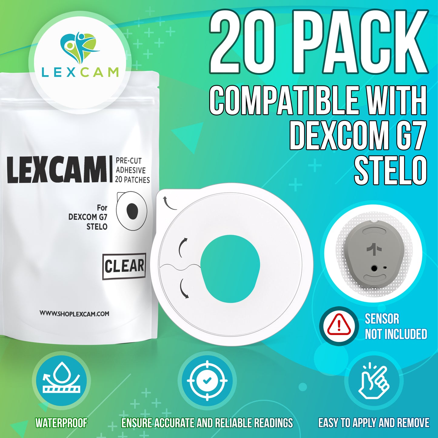 Lexcam Adhesive Patches Pre-Cut for Dexcom G7, Stelo (20).